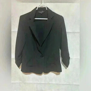 Alex & Olivia Working Womens Blazer Black Stretch Pockets Small Ruched Sleeves